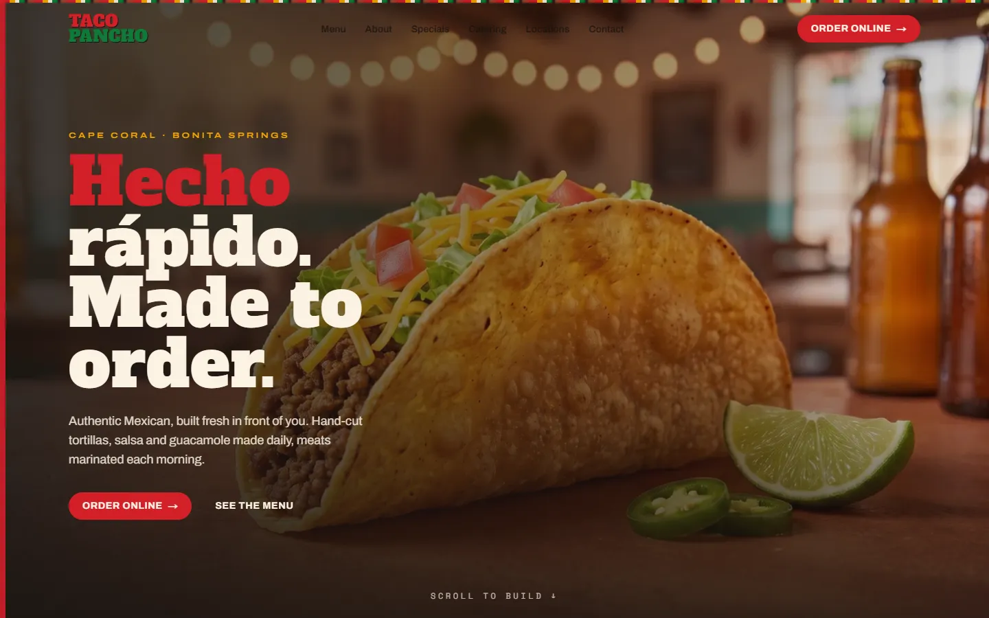 Taco Pancho website — desktop homepage